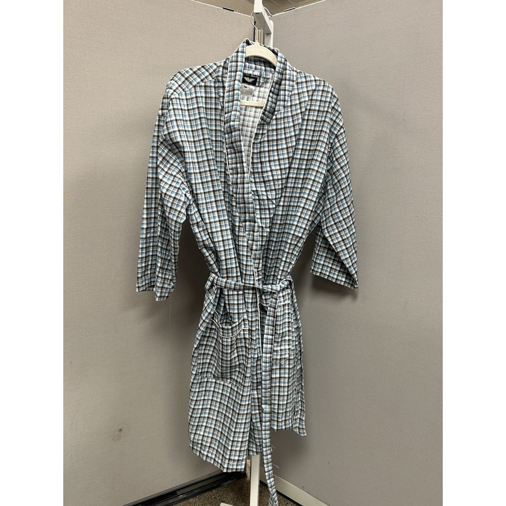 American Heaven Robe Blue WHITE Plaid Cotton Pockets kimono tie belt L/XL